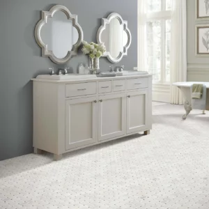 Boca-BasketweavePolishedMos-CS82M-00105-Channel-V Shaw Floors Channel white basket weave mosaic tile in a bathroom | Broadway Carpet & Flooring