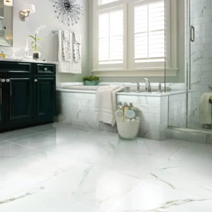CASINO-POLISHED-CS37V-CASINO4X12-CS35V-CALACATTA-ORO-00121-V Shaw Floors Calacatta Oro polished white marble-look tile in a luxurious bathroom | Broadway Carpet & Flooring
