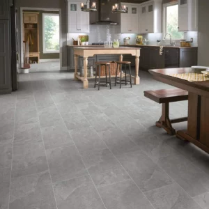 Crown-226TS-00550-Smoke-12x24-8U658-RM-H Shaw Floors Smoke gray large square tile in a kitchen | Broadway Carpet & Flooring