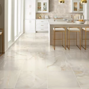 Gemstone-Polished-336TS-00200-Beige-24x24-BrickMosaic-RM-V Shaw Floors Beige polished tile with subtle veining in a white kitchen | Broadway Carpet & Flooring