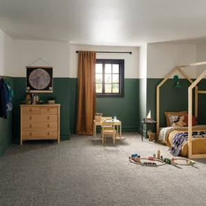 Gray Shaw Floors carpet in a warm colored kids bedroom | Broadway Carpet & Flooring